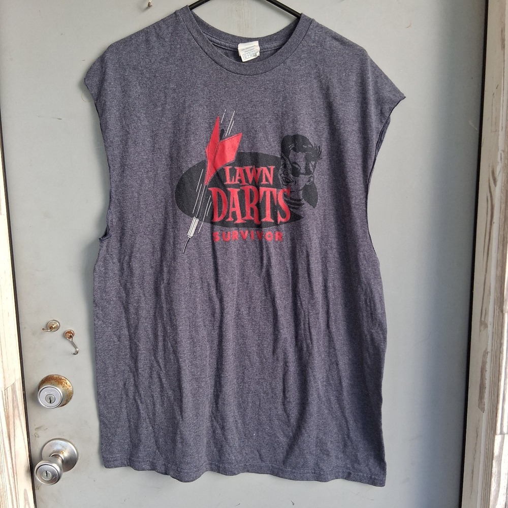 Funny Novelty Graphic T-shirt Lawn Darts Survivor Muscle Sleeveless EUC XL